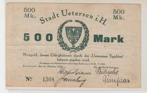 500 Mark Banknote Inflation Notgeld Stadt Uetersen i. H. 10. Okt. 1922 (137871)