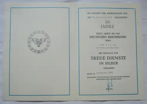 DDR Urkunde 20 Jahre Treue Dienste Silber Deutsche Reichsbahn Berlin (134776)
