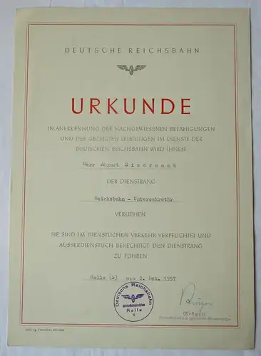 DDR Urkunde Dienstgradverleihung Untersekretär Deutsche Reichsbahn 1957 (136311)