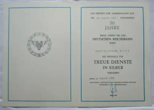 DDR Urkunde 20 Jahre Treue Dienste Silber Deutsche Reichsbahn Berlin (130025)