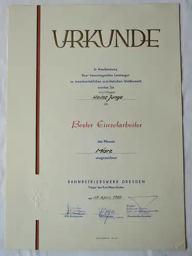 DDR Urkunde Bahnbetriebswerk Dresden bester Einzelarbeiter 1985 (134405)
