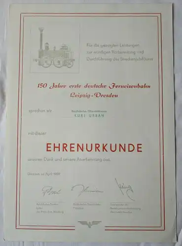 DDR Ehrenurkunde 150 Jahre erste deutsche Ferneisenbahn Leipzig-Dresden (135347)