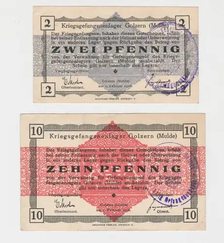 2 & 10 Pfennig Banknote Kriegsgefangenenlager Golzern (Mulde) um 1915 (135079)