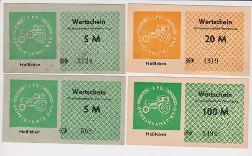 4 Banknoten 5 bis 100 Mark DDR LPG Geld "Gemeinsamer Weg" Haßleben (164726)