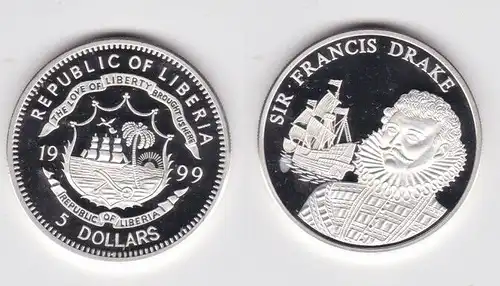 5 Dollar Silbermünze Liberia 1999 Sir Francis Drake PP (151940)