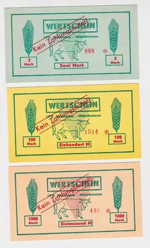 3 Banknoten 2 bis 1000 Mark DDR LPG Geld "Eintracht" Mittelhausen (162786)