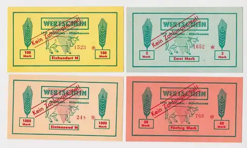 4 Banknoten 2 bis 1000 Mark DDR LPG Geld "Eintracht" Mittelhausen (165477)