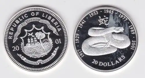 20 Dollar Silber Münze Liberia 2001 Jahr der Schlange Lunar (150228)