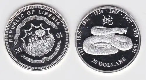 20 Dollar Silber Münze Liberia 2001 Jahr der Schlange Lunar (152864)