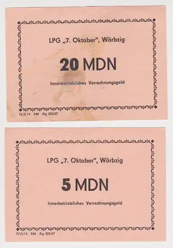 2 Banknoten 5 und 20 Mark DDR LPG Geld "7.Oktober" Wörbzig (165282)