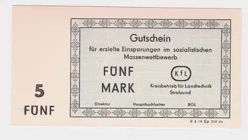 5 Mark Banknote Gutschein DDR Stralsund Kreisbetrieb für Landtechnik (165232)
