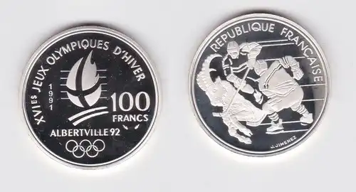 100 Franc Silber Münze Frankreich Olympia 1992 Albertville Eishockey (154097)