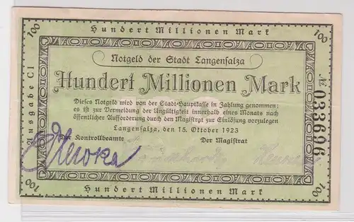 100 Millionen Mark Banknote Stadt Langensalza 15.10.1923 (165544)