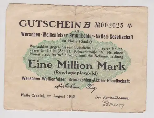 1 Million Mark Banknote Halle Werschen Weißenfelser Braunkohlen AG 1923 (165239)