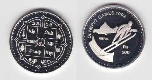 500 Rupien Silber Münze Nepal Olympia 1992 Albertville Skispringer PP (158669)