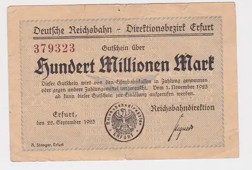 100 Millionen Mark Banknote Reichsbahndirektion Erfurt 22.9.1923  (162656)