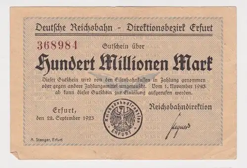 100 Millionen Mark Banknote Reichsbahndirektion Erfurt 22.9.1923  (165708)