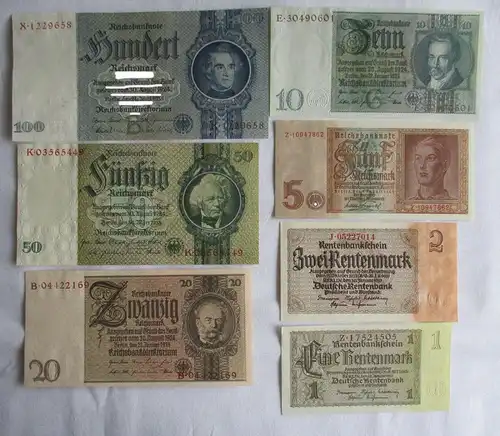 7 Banknoten 1 bis 100 Mark Deutsches Reich Kassenfrisch (163222)