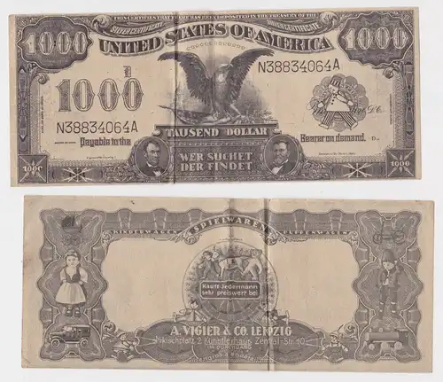 Reklame Banknote 1000 Dollar Spielwaren A. Vigier & Co. Leipzig um 1900 (165497)