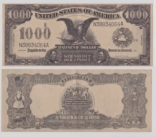 Reklame Banknote 1000 Dollar Spielwaren A. Vigier & Co. Leipzig um 1900 (165892)