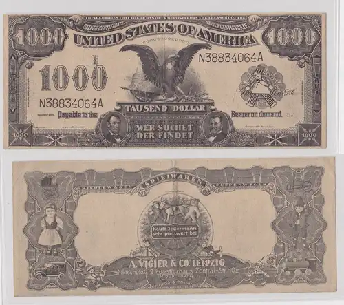Reklame Banknote 1000 Dollar Spielwaren A. Vigier & Co. Leipzig um 1900 (165678)