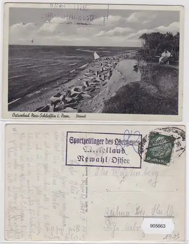 905663 AK Ostseebad Neu-Schleffin (Śliwin) in Pommern - Strand, Bahnpost 1938