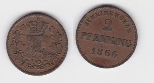 2 Pfennig Kupfer Münze Bayern 1866 ss+ (164176)