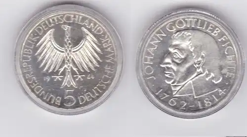 5 Mark Silber Münze Deutschland Johann Gottlieb Fichte 1964 J (143956)