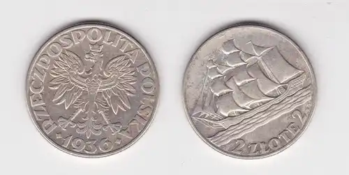 2 Zloty Silber Münze Polen Segelschiff 1936 vz (163507)