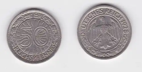 50 Pfennig Nickel Münze Weimarer Republik 1928 D ss+ (165736)