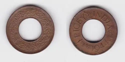 1 Pice Paise Kupfer Münze Indien 1944 Lochmünze (155834)