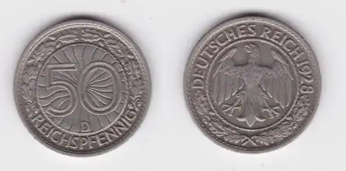 50 Pfennig Nickel Münze Weimarer Republik 1928 D ss+ (155709)