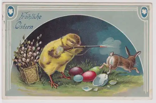 24886 Präge AK Fröhliche Ostern Küken auf Hasenjagd 1917