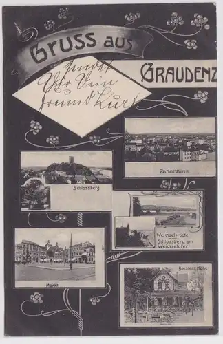 900748 AK Gruss aus Graudenz - Panorama, Schlossberg, Markt, Boeslers Höhe 1906