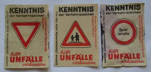 3x Streichholzetikett Serie Kenntnis der Verkehrszeichen Riesa 1966 (126574)