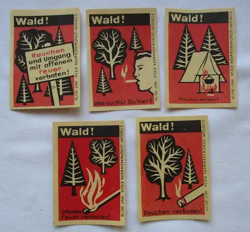 5x Streichholzetikett Serie Wald! Konsum Zündwarenwerk Riesa 1967 (125519)