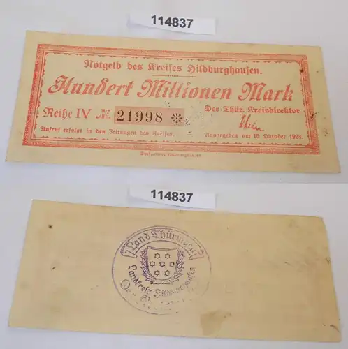 100 Millionen Mark Banknote Inflation Kreis Hildburghausen 16.10.1923 (114837)