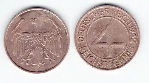 4 Pfennig Kupfer Münze Deutsches Reich 1932 A  (128408)