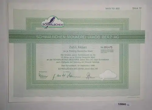 50 DM Zehn Aktien Schwälbchen Molkerei Jakob Berz AG Bad Schwalbach 1988 /128860