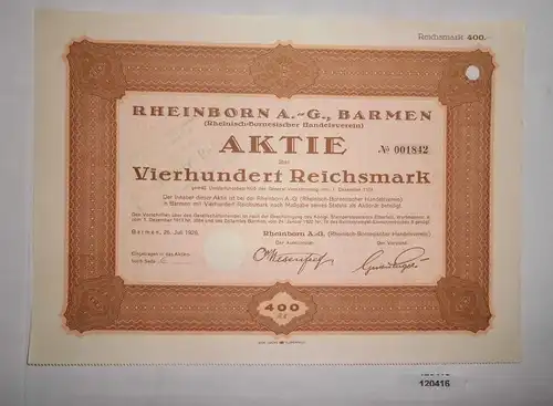 400 Reichsmark Aktie Rheinborn AG Barmen 26.Juli 1926 (120416)