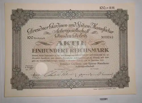100 RM Aktie Dresdner Gardinen & Spitzen-Manufaktur AG 16.Dezember 1932 (122281)