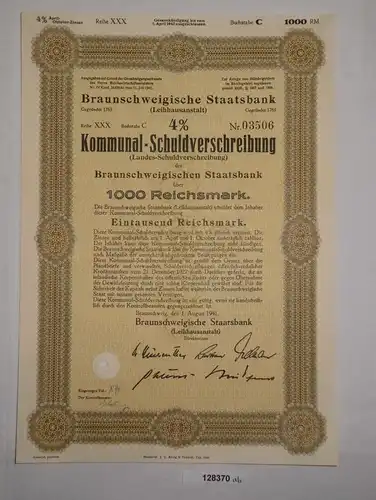 1000 RM Schuldverschreibung Braunschweigische Staatsbank 1.August 1941 (128370)