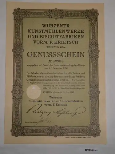 Genussschein Wurzener Kunstmühlenwerke & Biscuitfabriken Wurzen 1927 (127823)