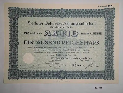 1000 RM Aktie Stettiner Oelwerke AG Züllchow bei Stettin April 1936 (127801)