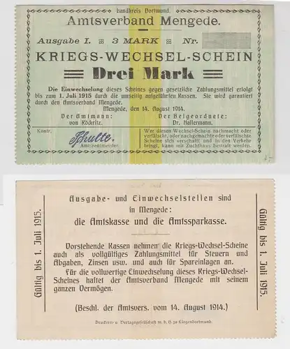 3 Mark Banknoten Kriegs-Wechselschein Amtsverband Mengede 1914 (130640)