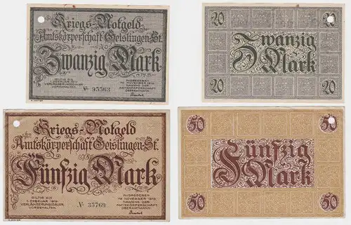 20 und 50 Mark Banknoten Kriegsgeld Amtskörperschaft Geislingen 1918 (130416)
