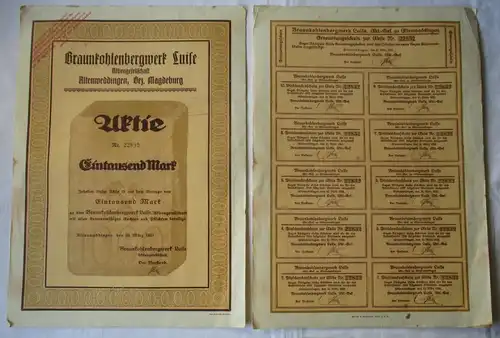 1000 Mark Aktie Braunkohlenbergwerk Luise Altenweddingen 10.03.1923 (125034)