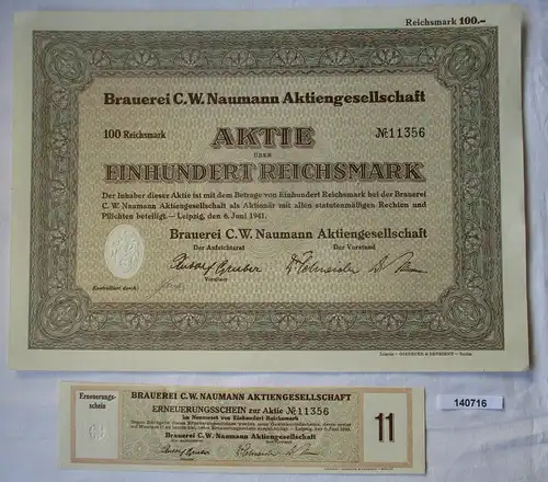 100 Reichsmark Aktie Brauerei C.W. Naumann AG Leipzig 6.Juni 1941 (140716)