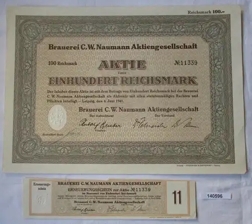 100 Reichsmark Aktie Brauerei C.W. Naumann AG Leipzig 6.Juni 1941 (140596)
