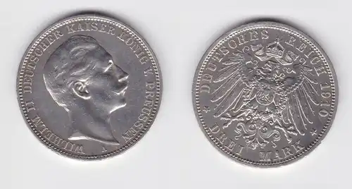 3 Mark Silbermünze Preussen Kaiser Wilhelm II 1910 Jäger 103 ss+ (151500)